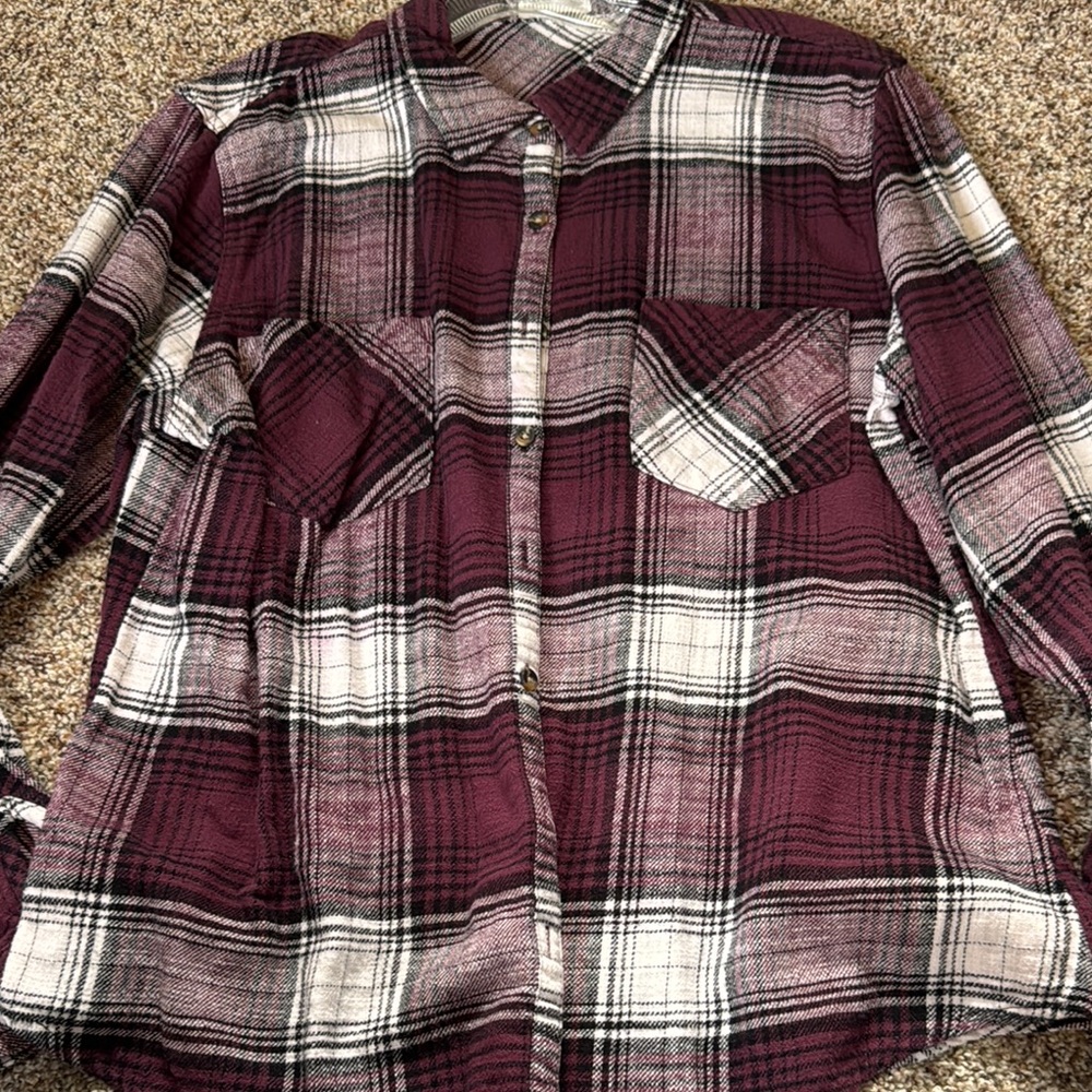 Plaid Button-Up Shirt - Deep Purple and White